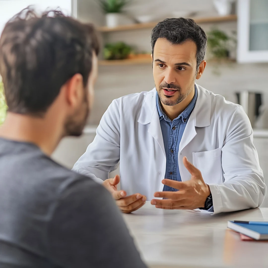 Fotografia editorial de um profissional de saúde conversando em uma consulta